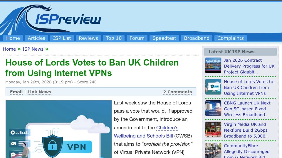 Screenshot of ispreview.co.uk: House of Lords Votes to Ban UK Children from Using Internet VPNs