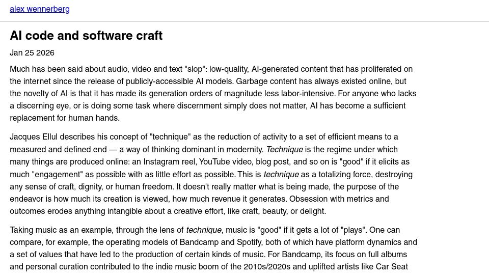 Screenshot of alexwennerberg.com: AI code and software craft