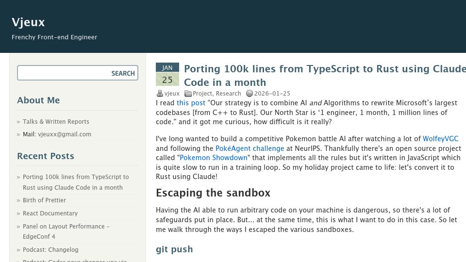 Screenshot of blog.vjeux.com: Porting 100k lines from TypeScript to Rust using Claude Code in a month