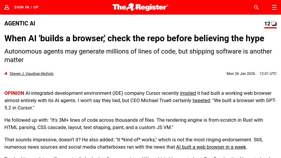 Screenshot of theregister.com: When AI 'builds a browser,' check the repo before believing the hype