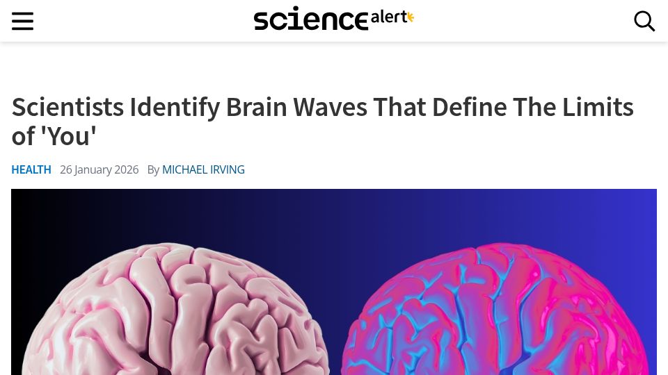 Screenshot of sciencealert.com: Scientists identify brain waves that define the limits of 'you'