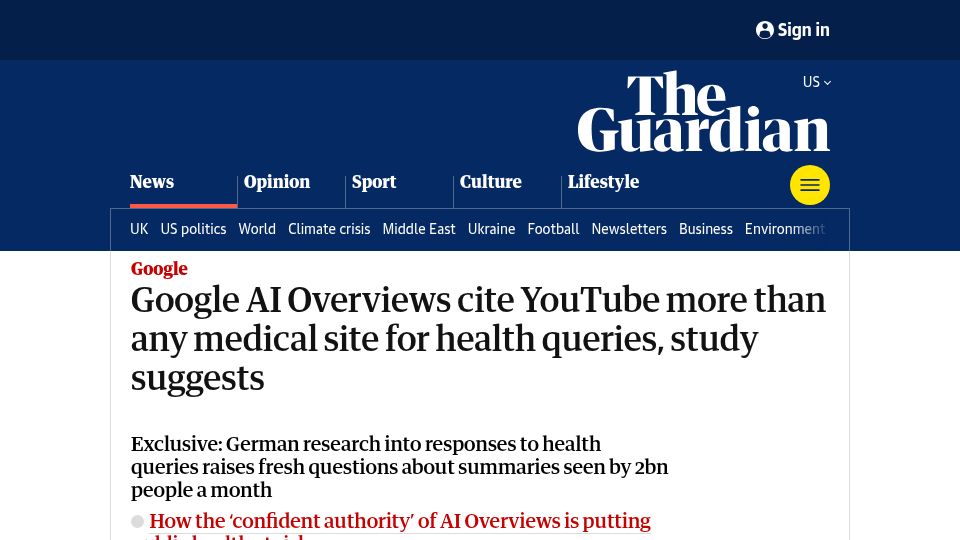 Screenshot of theguardian.com: Google AI Overviews cite YouTube more than any medical site for health queries