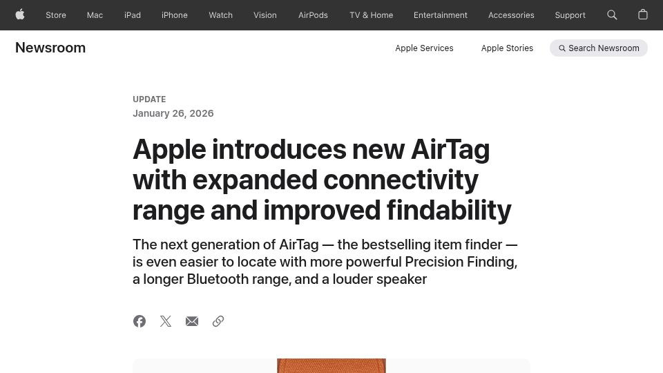Screenshot of apple.com: Apple introduces new AirTag with longer range and improved findability
