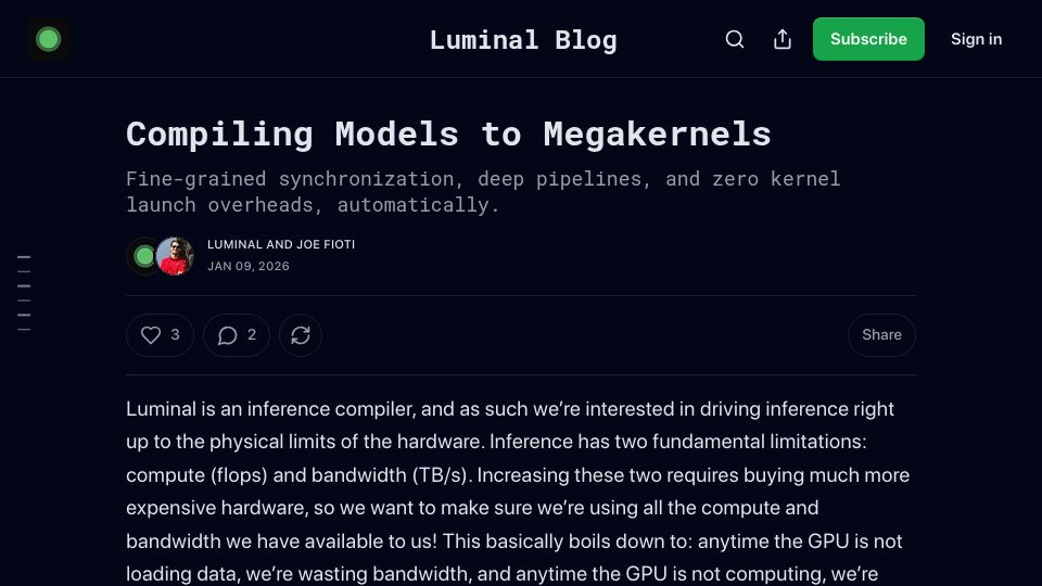 Screenshot of blog.luminal.com: Compiling models to megakernels