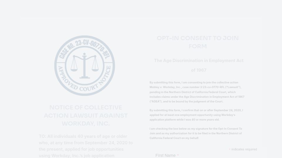 Screenshot of workdaycase.com: Notice of collective action lawsuit against Workday, Inc.