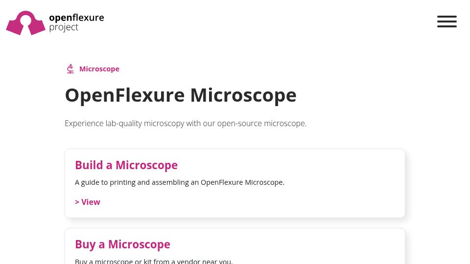 Screenshot of openflexure.org: OpenFlexure Microscope