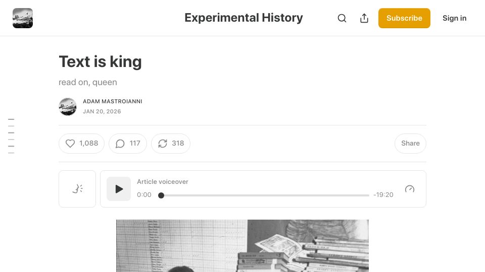 Screenshot of experimental-history.com: Text Is King