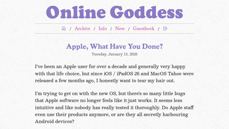 Screenshot of onlinegoddess.net: Apple, What Have You Done?