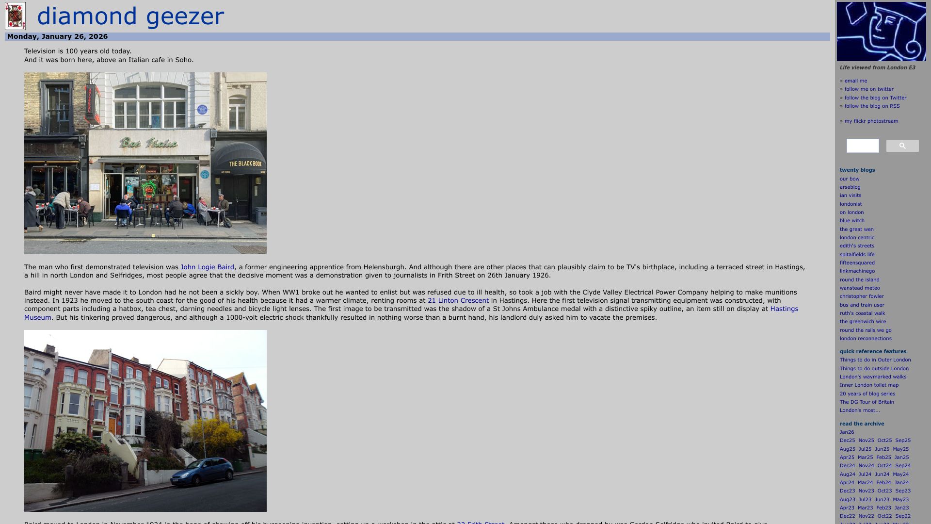 Screenshot of diamondgeezer.blogspot.com: Television is 100 years old today