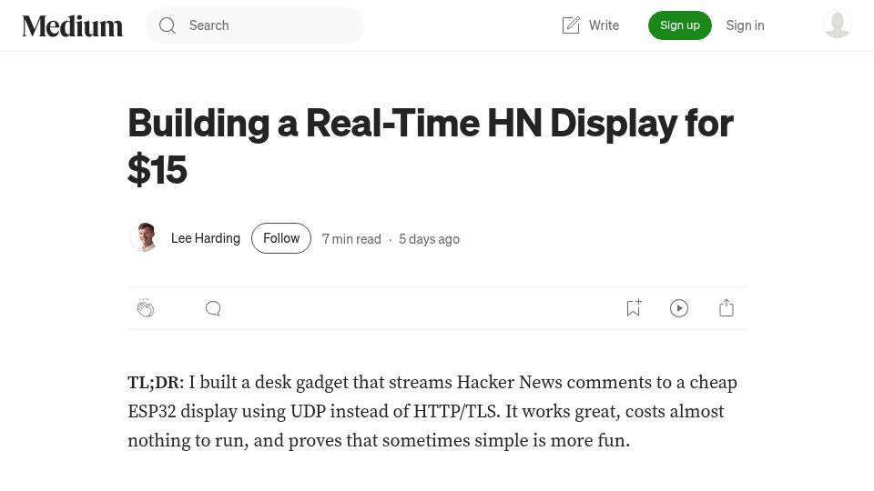 Screenshot of medium.com: Building a Real-Time HN Display for $15