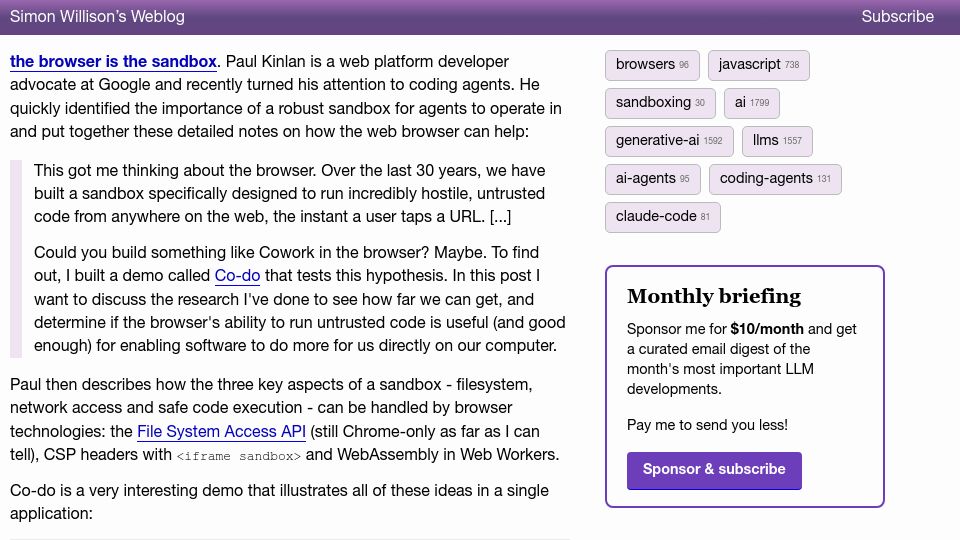 Screenshot of simonwillison.net: The browser is the sandbox