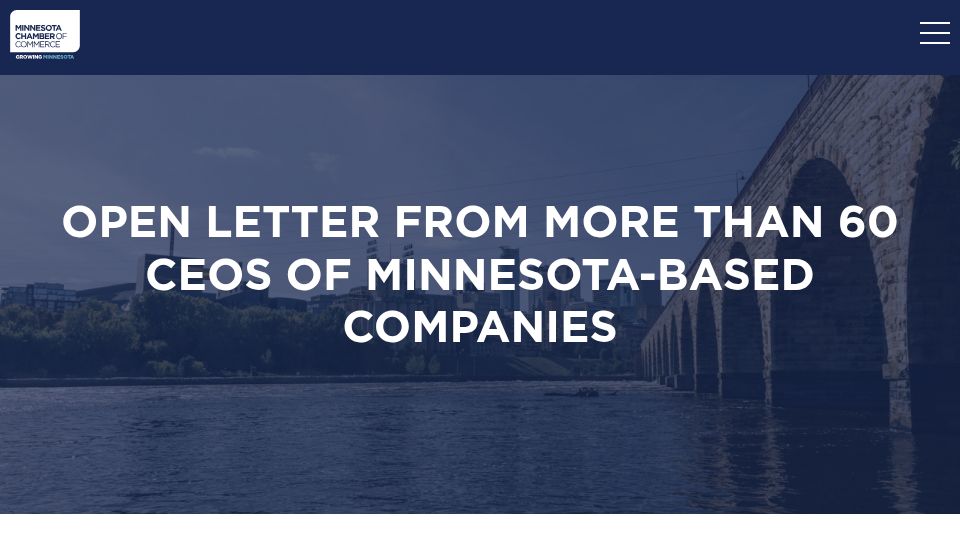 Screenshot of mnchamber.com: Open letter from more than 60 CEOs of Minnesota-based companies