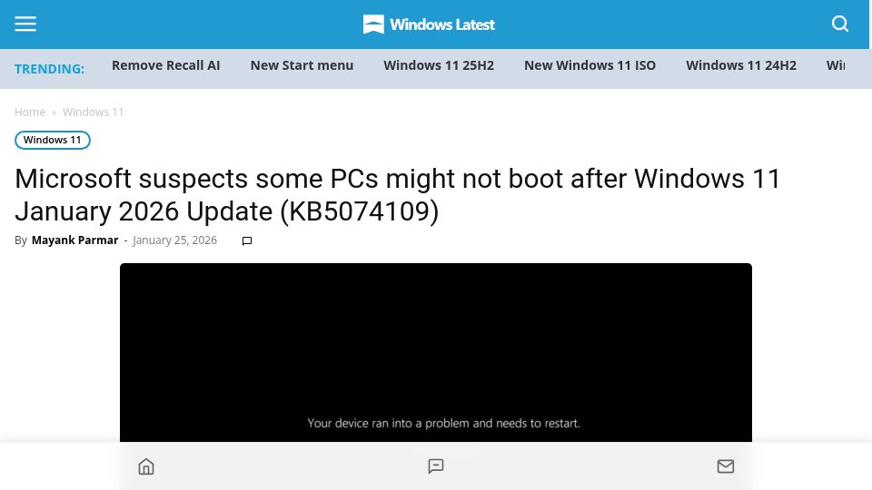 Screenshot of windowslatest.com: Microsoft suspects some PCs might not boot after Windows 11 January 2026 Update