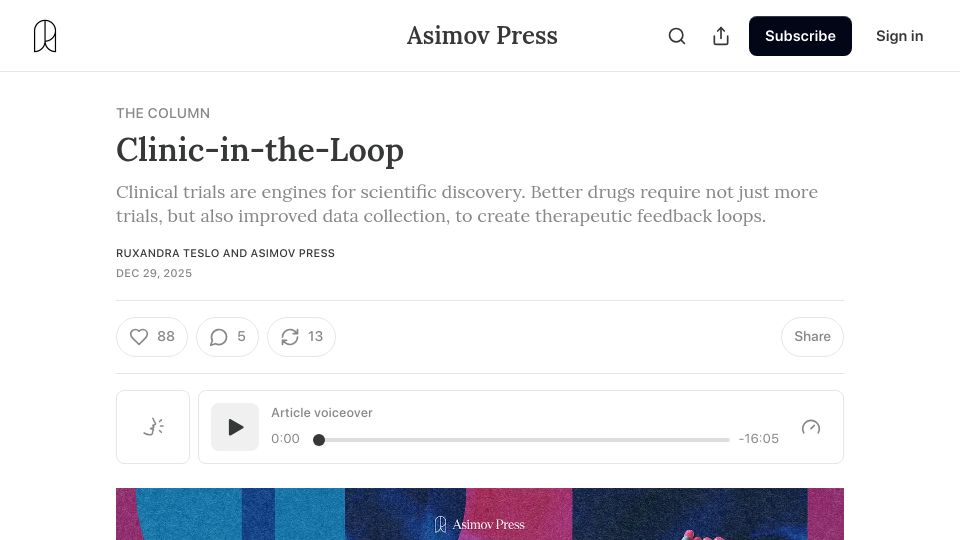 Screenshot of asimov.press: Clinic-in-the-loop