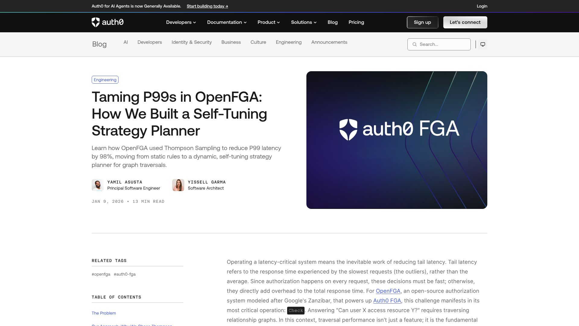 Screenshot of auth0.com: Taming P99s in OpenFGA: How we built a self-tuning strategy planner