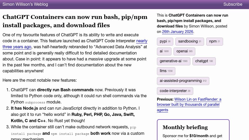 Screenshot of simonwillison.net: ChatGPT Containers can now run bash, pip/npm install packages and download files
