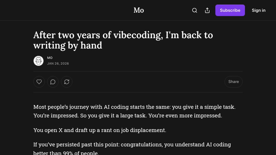 Screenshot of atmoio.substack.com: After two years of vibecoding, I'm back to writing by hand