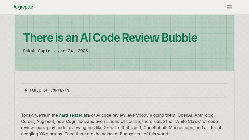 Screenshot of greptile.com: There is an AI code review bubble
