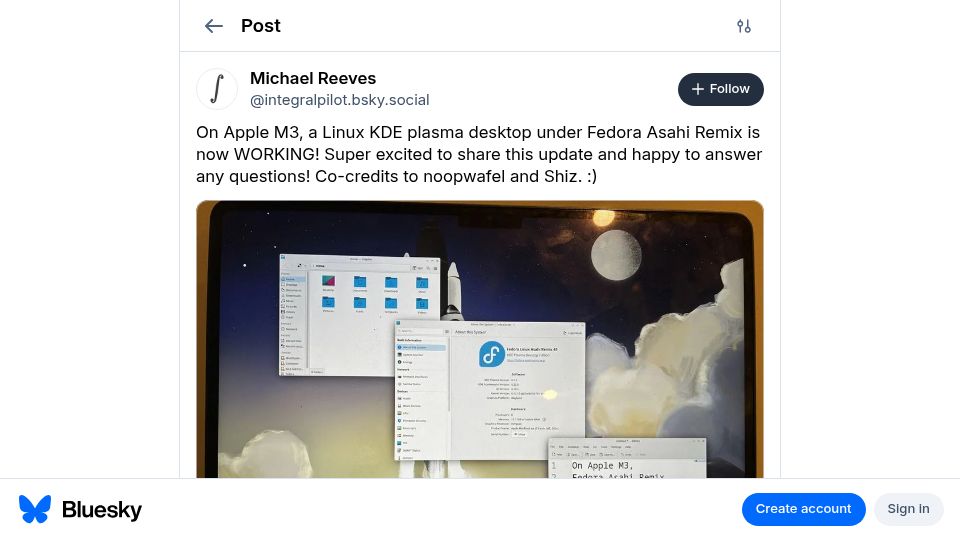 Screenshot of bsky.app: Fedora Asahi Remix is now working on Apple M3