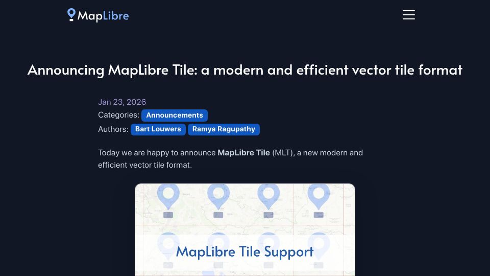 Screenshot of maplibre.org: MapLibre Tile: a modern and efficient vector tile format