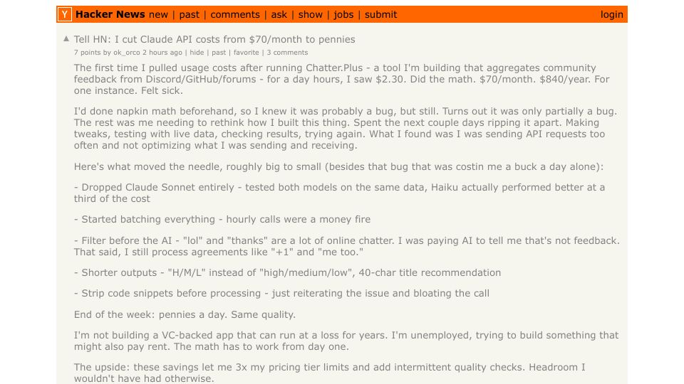 Screenshot of Hacker News post: Tell HN: I cut Claude API costs from $70/month to pennies