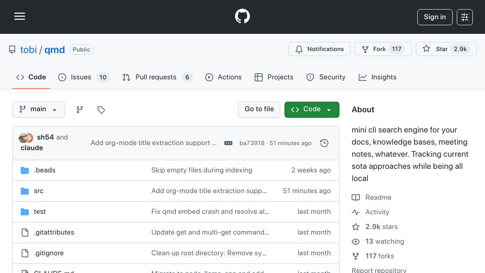 Screenshot of github.com: QMD - Quick Markdown Search