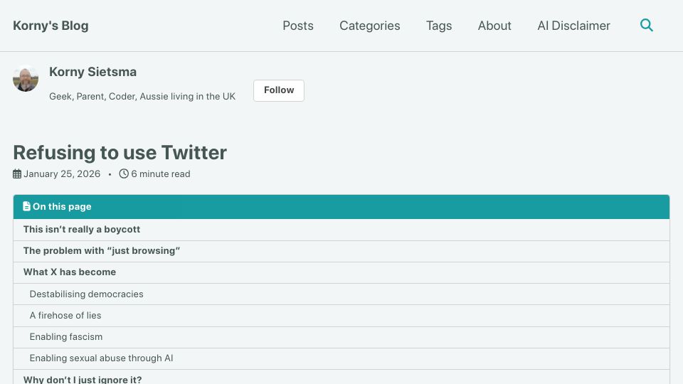 Screenshot of blog.korny.info: Refusing to Use Twitter