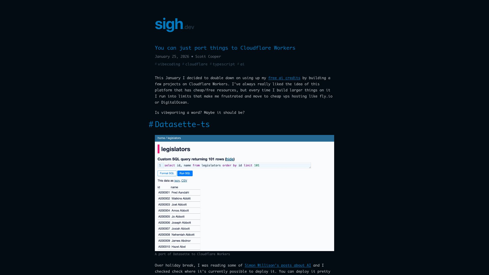 Screenshot of sigh.dev: You can just port things to Cloudflare Workers