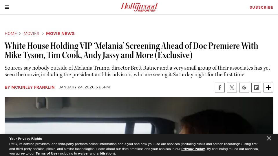 Screenshot of hollywoodreporter.com: Tech CEOs attend Amazon-funded "Melania" screening at White House