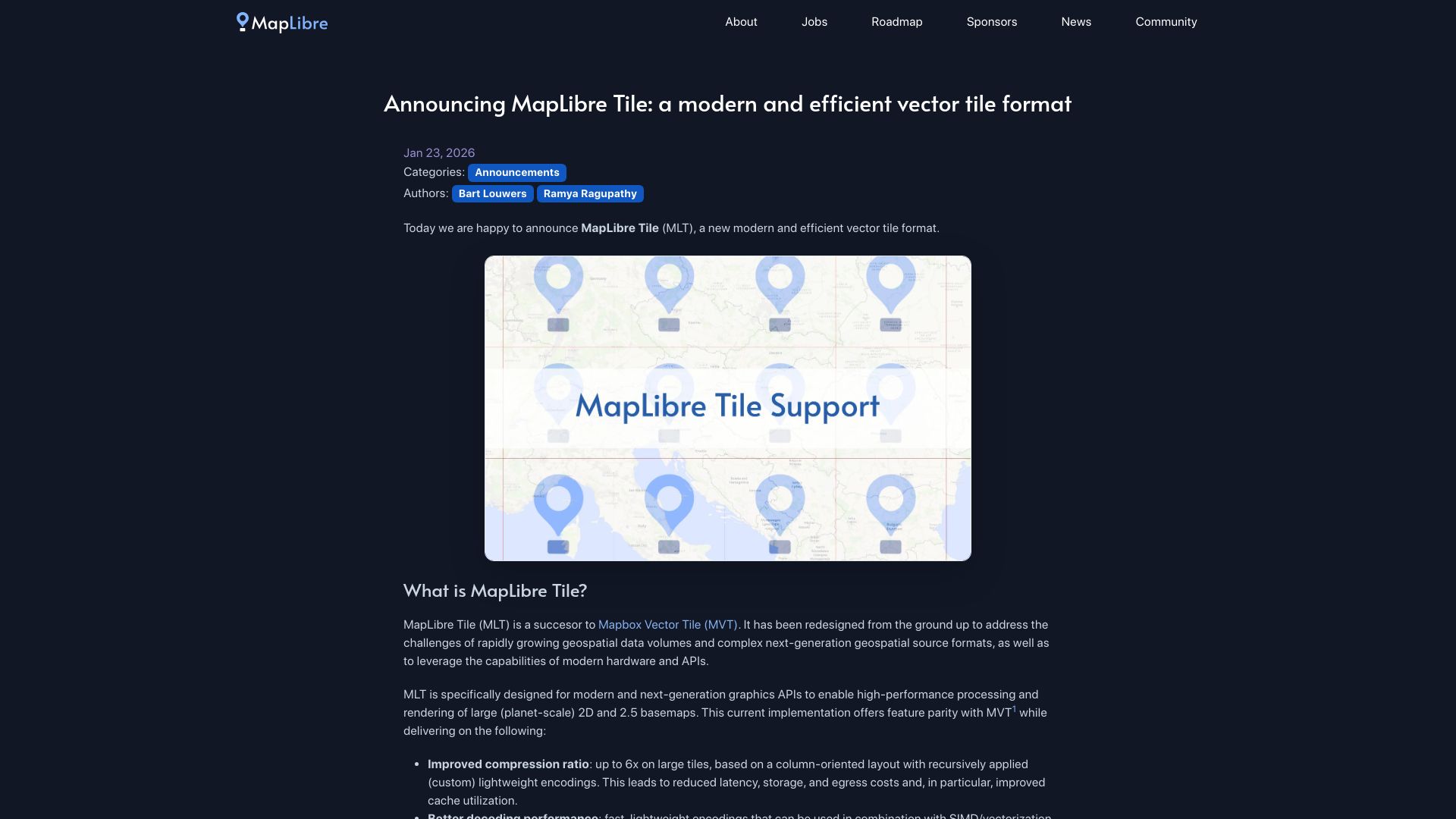 Screenshot of maplibre.org: MapLibre Tile: a modern and efficient vector tile format