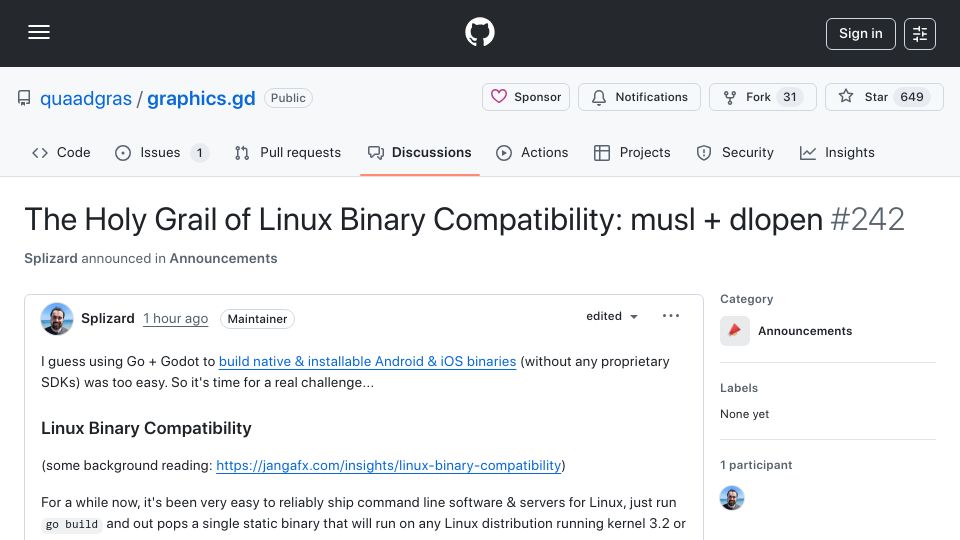 Screenshot of github.com: The Holy Grail of Linux Binary Compatibility: Musl and Dlopen