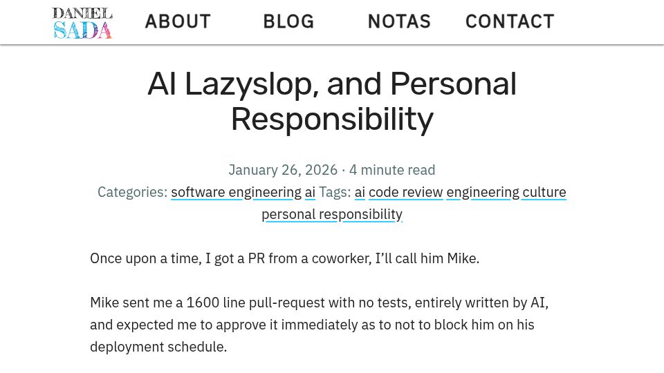 Screenshot of danielsada.tech: AI Lazyslop and Personal Responsibility
