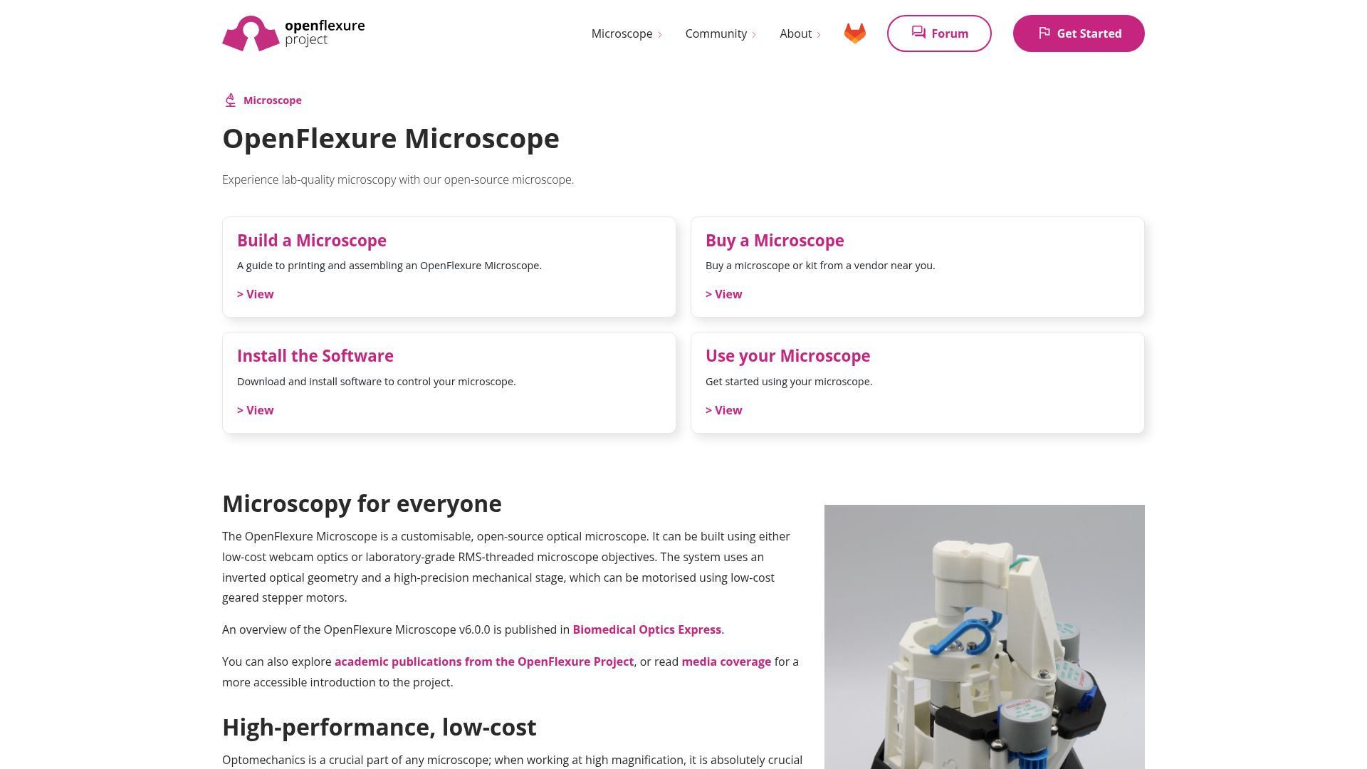 Screenshot of openflexure.org: OpenFlexure Microscope