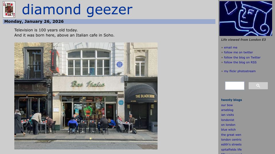 Screenshot of diamondgeezer.blogspot.com: Television is 100 years old today
