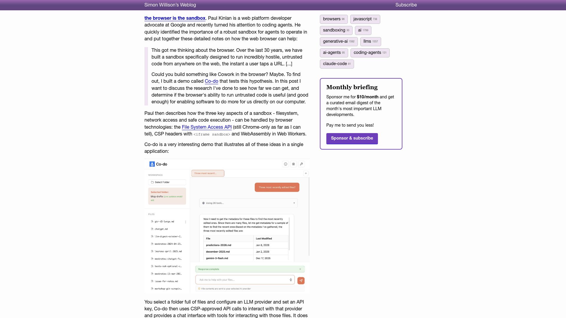 Screenshot of simonwillison.net: The browser is the sandbox