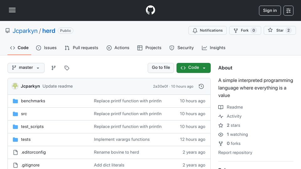 Screenshot of github.com: Show HN: A small programming language where everything is pass-by-value