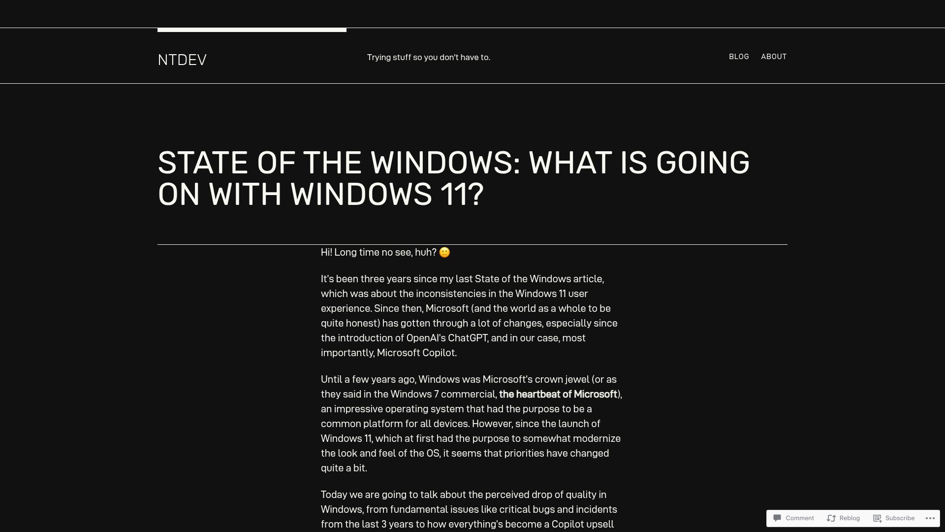 Screenshot of ntdotdev.wordpress.com: State of the Windows: What is going on with Windows 11?