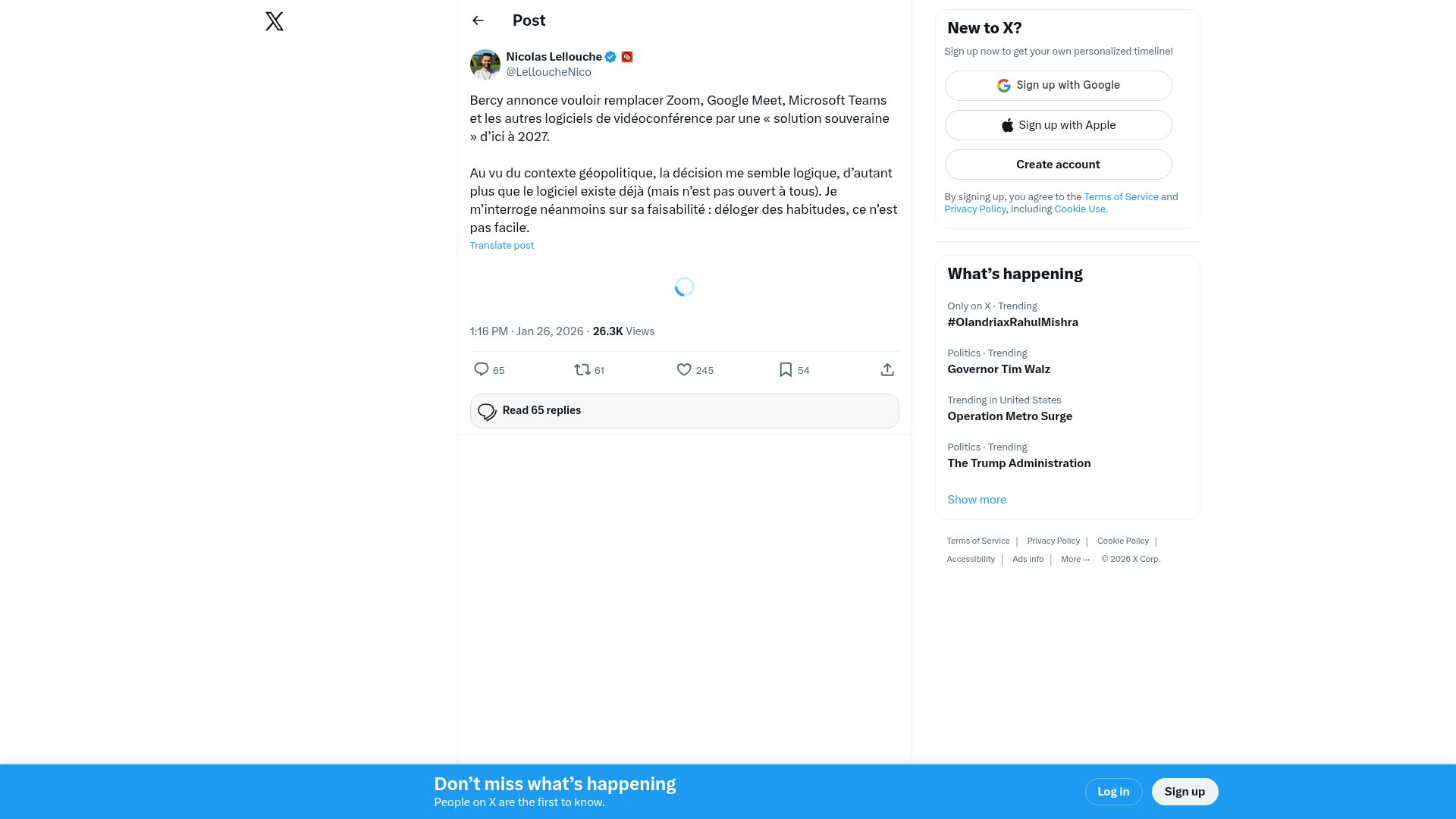 Screenshot of twitter.com: France Aiming to Replace Zoom, Google Meet, Microsoft Teams, etc.