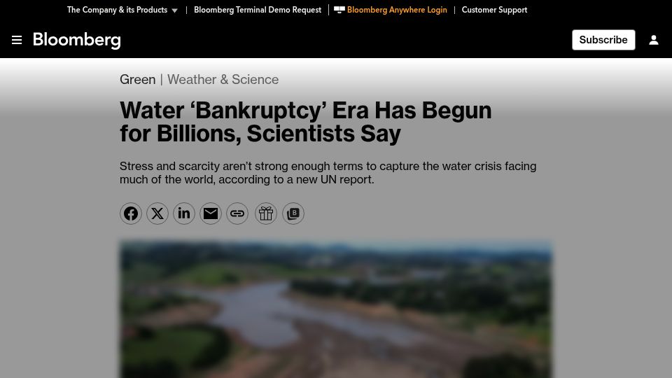 Screenshot of bloomberg.com: Water 'Bankruptcy' Era Has Begun for Billions, Scientists Say