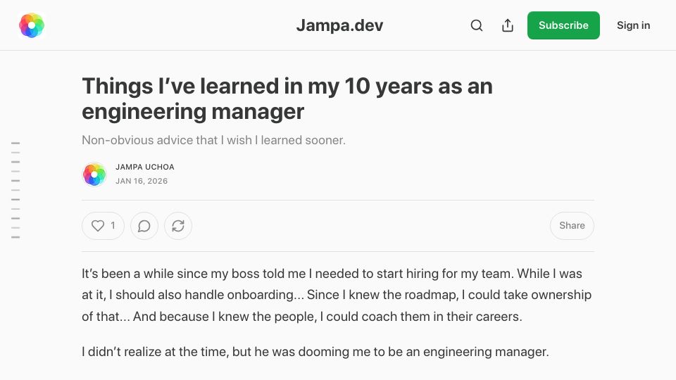 Screenshot of jampa.dev: Things I've learned in my 10 years as an engineering manager
