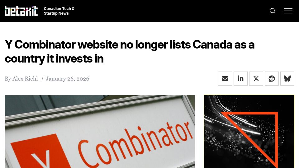 Screenshot of betakit.com: Y Combinator website no longer lists Canada as a country it invests in