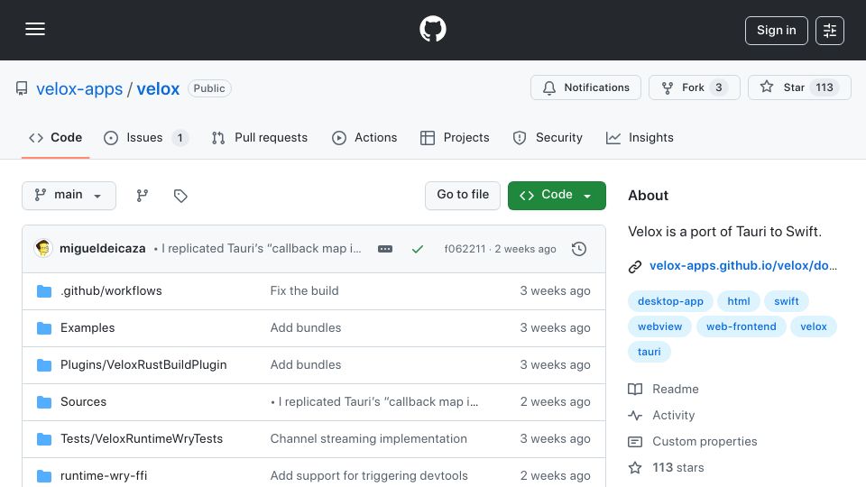Screenshot of github.com: Velox: A Port of Tauri to Swift by Miguel de Icaza