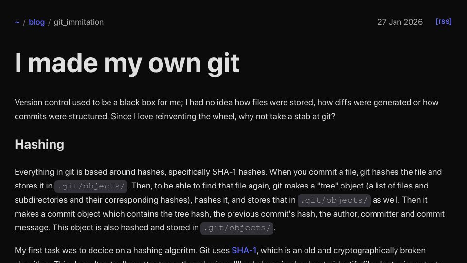 Screenshot of tonystr.net: I made my own Git