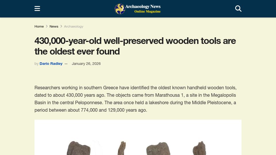 Screenshot of nytimes.com: 430k-year-old well-preserved wooden tools are the oldest ever found