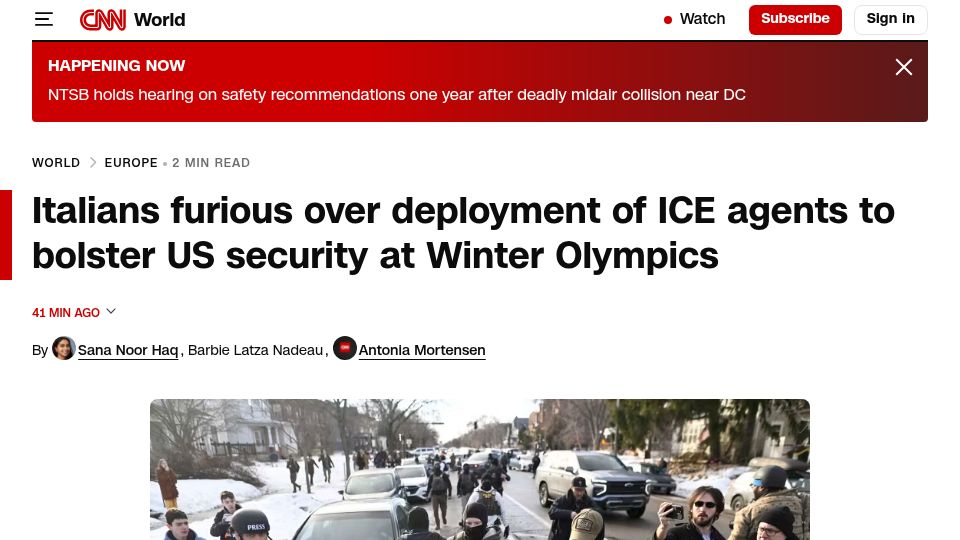 Screenshot of cnn.com: Italians furious over deployment of ICE to bolster US security at Olympics