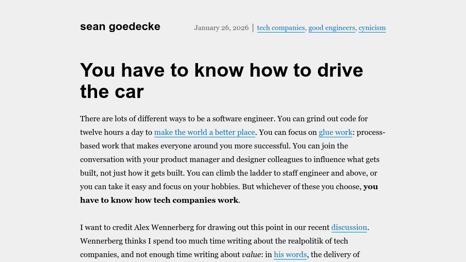 Screenshot of seangoedecke.com: You have to know how to drive the car