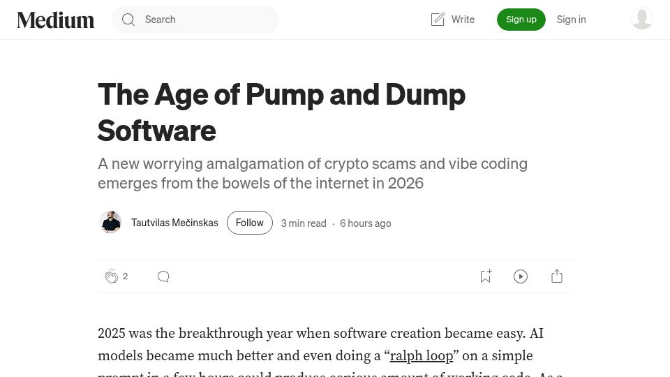 Screenshot of tautvilas.medium.com: The age of Pump and Dump software