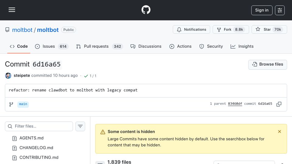 Screenshot of github.com: Clawdbot Renames to Moltbot
