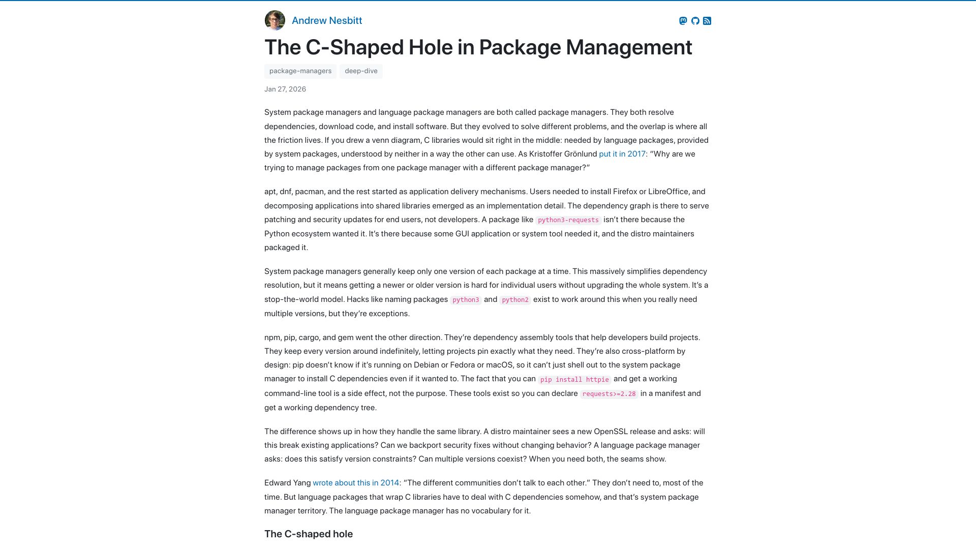 Screenshot of nesbitt.io: The C-Shaped Hole in Package Management