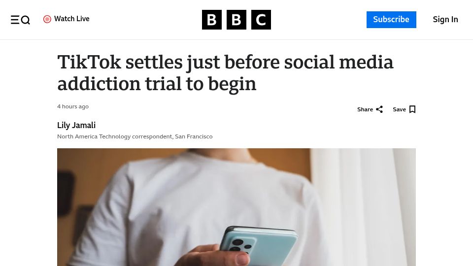 Screenshot of bbc.com: TikTok settles just before social media addiction trial to begin